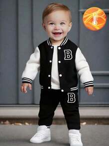 SHEIN 1 Set Infant Baby Boy Zip-Up Bomber Jacket & Letter Print Pants, A Warm And Comfortable Outfit Suitable For Autumn, Spring And Winter Wear. This Set Is Not Only Suitable For Outdoor Activities, But Also For Home Wear. The Fuzzy Fabric Design Keeps Infants Warm. This Versatile And Durable Set Is Suitable For Various Occasions In Infant Boys' Daily Life, Allowing Them To Stay Fashionable And Comfortable Through Autumn, Spring And Winter Seasons.
