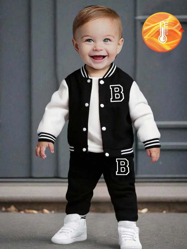 SHEIN 1 Set Infant Baby Boy Zip-Up Bomber Jacket & Letter Print Pants, A Warm And Comfortable Outfit Suitable For Autumn, Spring And Winter Wear. This Set Is Not Only Suitable For Outdoor Activities, But Also For Home Wear. The Fuzzy Fabric Design Keeps Infants Warm. This Versatile And Durable Set Is Suitable For Various Occasions In Infant Boys' Daily Life, Allowing Them To Stay Fashionable And Comfortable Through Autumn, Spring And Winter Seasons.