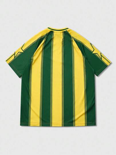 Prep Men's Summer Round Neck Jersey Football Letter Striped Print Short Sleeve T-Shirt