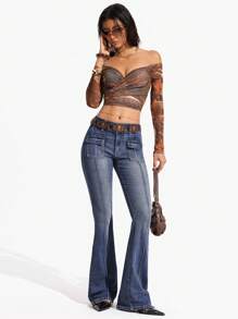 SHEIN Unity 女式休闲低腰喇叭牛仔裤，带牙签口袋设计 - 深色水洗藍 - 查看 1