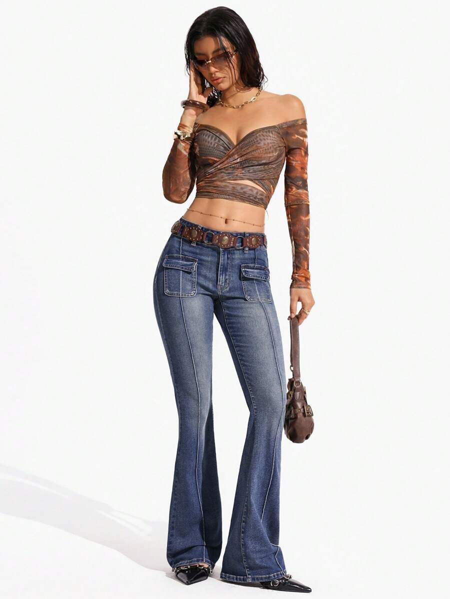 SHEIN Unity 女式休闲低腰喇叭牛仔裤，带牙签口袋设计 - 深色水洗藍 - 查看 1