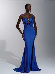 Elitara Elegante, romântico, sexy, azul-marinho, malha elástica, sem alças, babados, decote drapeado, cintura marcada, fivela de metal plissada, cauda removível, cauda de peixe, fenda frontal, vestido de noite para feriados, festas de aniversário, encontros, férias, casamentos, galas, jantares formais - Azul Real - Ver 5