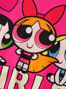 THE POWERPUFF GIRLS X SHEIN Bộ 2 món/bộ áo phông và quần legging họa tiết hoa hồng dễ thương ngọt ngào cho bé gái, bong bóng, hoa mao lương, phù hợp cho mùa xuân, hè, thu - Màu Hồng Tươi - Xem 4