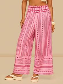 SHEIN VCAY 加大码女式粉色条纹复古印花阔腿宽腰裤，舒适度假夏季粉色波西米亚风裤，女式波西米亚风裤图案裤粉色裤子印花裤，度假海滩度假夏季城市休闲，波西米亚风别致波西米亚风格，欧洲夏季海岛度假蜜月旅行机场外出，乡村音乐会老钱 - 粉色 - 查看 3