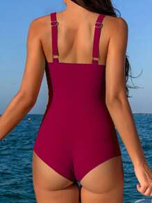 Swim Lushoire Women's Sexy Solid Color Crossover Mesh Insert One Piece Swimsuit, Casual Beach Holiday For Summer Beach Vacation