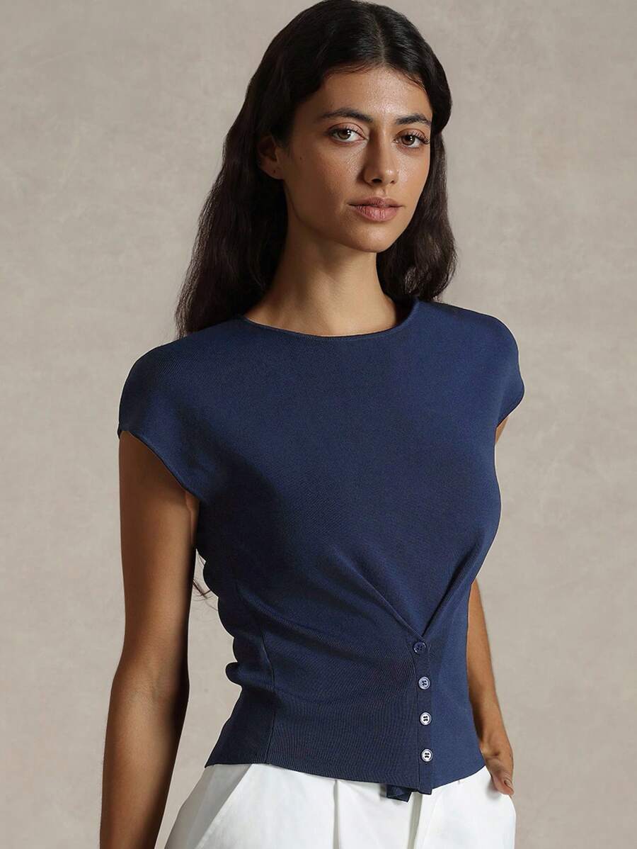 Briarwyn 简约纯色圆领纽扣短袖休闲T恤，适合夏季女士夏季服装，女士优雅服装