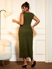 Cravure Halloween Plus Size Women Elegant Sexy Twist Knot Golden Decor High Slit Casual Commuting Dress - Army Green - View 2