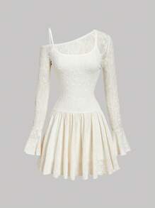 SHEIN MOD 白色优雅不对称领口喇叭袖连衣裙 - 白色 - 查看 1