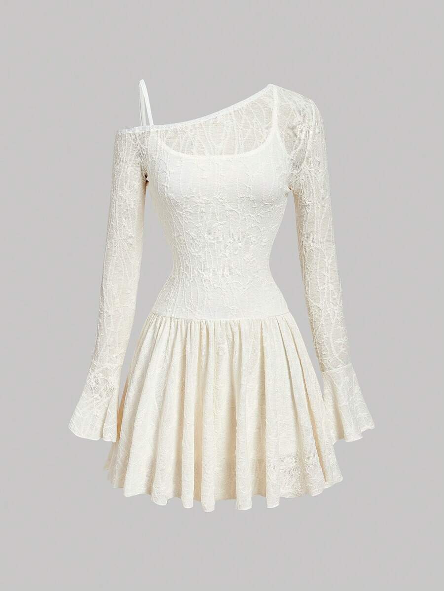 SHEIN MOD 白色优雅不对称领口喇叭袖连衣裙 - 白色 - 查看 1