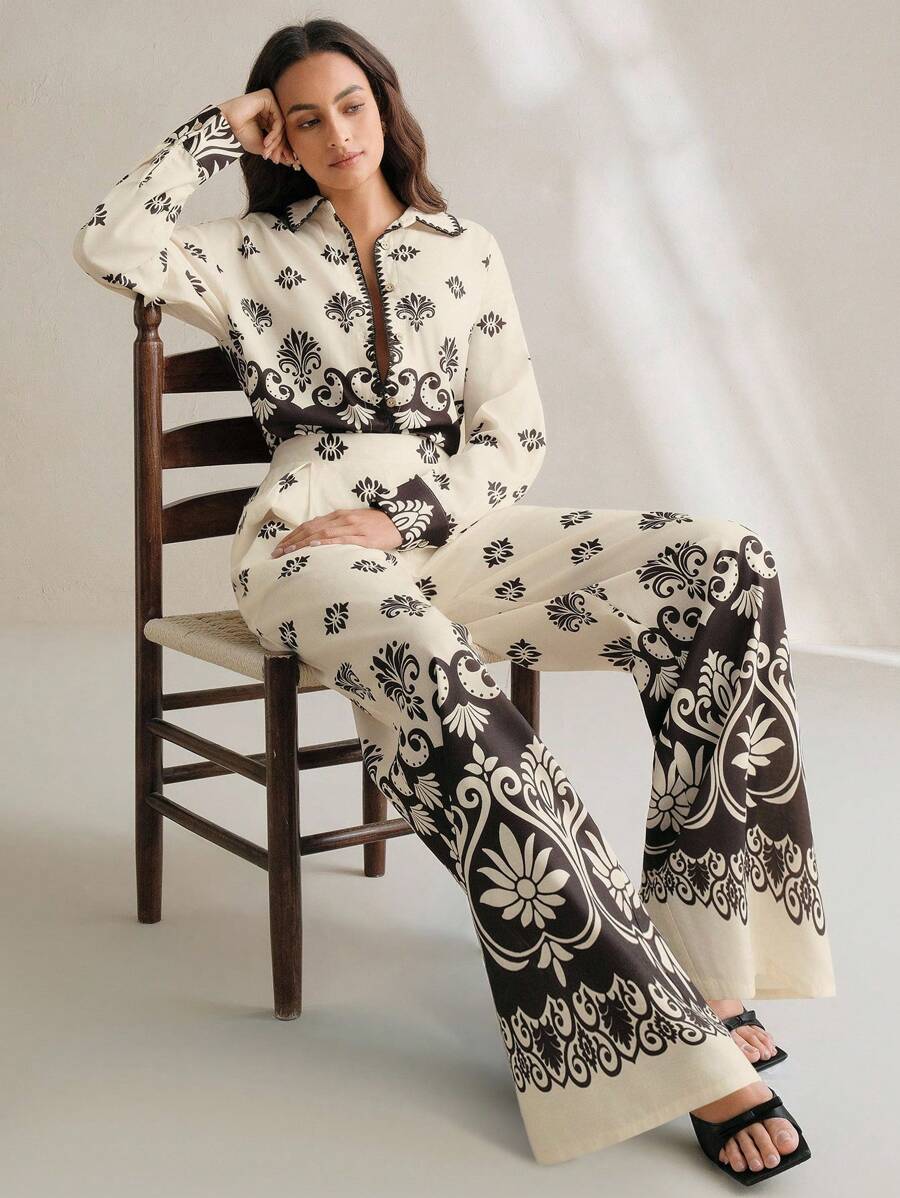 Anewsta Vintage Niche Black Asymmetric Print High Waist Loose Wide-Leg Pants