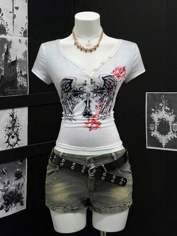 EgrlEra Women's Sheer Print V-Neck Partially Unbuttoned Short Sleeve T-Shirt