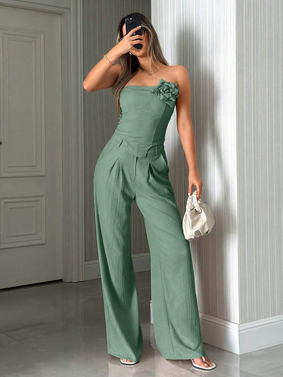 EURMUSE TOP DE HOMBROS DESCUBIERTOS CON ROSAS 3D Y PANTALÓN RECTO DE PIERNA LARGA CON PLIEGUES EN LA CINTURA MEDIA - verde menta - View 1