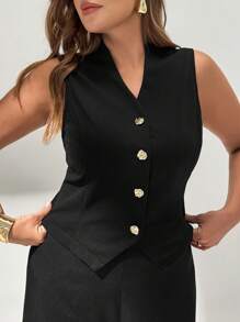 Auralis Plus Size Women's Spring And Summer Fashion, Elegant And Comfortable Daily Simple Commuting Black Suit Vest Metal Button Top, Old Money Style,Teacher Outfits For Women,Business Casual Woman,Office Wear,Work Clothes Women - Black - View 3
