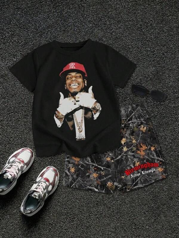 2pcs/Set Young Boys Casual & Boy Portrait & Leaf Print Short Sleeve T-Shirt And Shorts Outfit, Summer Street Style