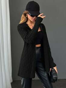 EURMUSE Cardigan With Hoodie Detail And Black Everyday Autumn Casual - Black - View 6