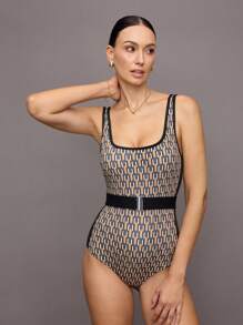 Activina Bikini de tankini con cuello cuadrado y estampado geométrico para mujer