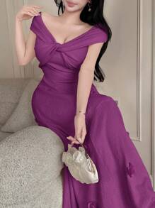 Modelyn 女士纯色扭纹设计优雅长裙 - 紫色 - 查看 1