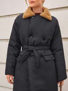 CLARA VERO Women's Thick Padded Coat, Long Length, Velvet Collar, Pockets And Oversize Style, Autumn/Winter Clothes - Black - View 5