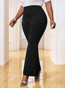 SHEIN Lady Spring And Summer Elegant Commuting Office Black Knitted Beaded Bell Pants Long Plus Size Pants - Black - View 5