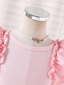 Glamorique Kids Conjunto de Camisole de Malha Franzida e Saia Tule de Bordado 3D para Meninas Jovens - Rosa chiclete - Visão 4