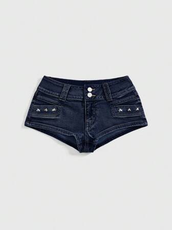 Low Rise Sexy Vintage Distressed Skull Studded Women's Denim Shorts