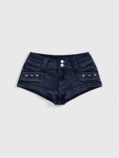 Short en jean pour femme avec taille basse, sexy, vintage, déchiré, avec clous et motif tête de mort