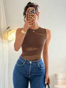 Rafferiza Elegant Sexy Fashion Black Crew Neck Sleeveless Fitted Asymmetric Geometric Mesh Panel Bodysuit For Women, Spring/Summer