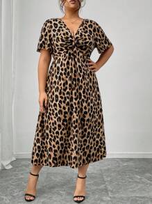 Firerie Plus Size Vintage Leopard Print Short Sleeve Kink Cinched Waist Dress Spring To Summer - Coffee Brown - View 5