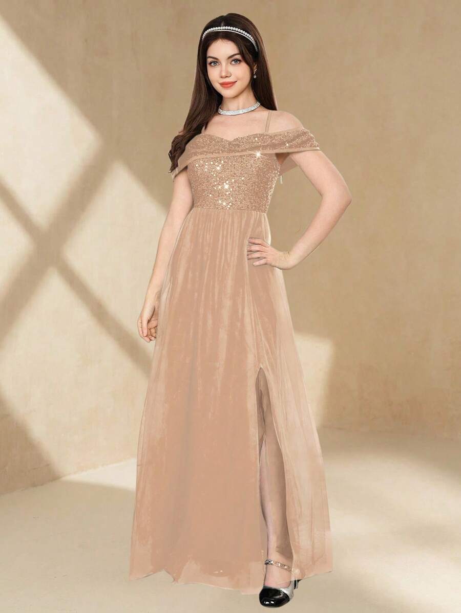 SHEIN Teen Girl Bridesmaid Bowknot Off Shoulder Ruched A-Line Long Sequin Prom Dress, Suitable For Teenagers, Elegant High Quality, For Wedding, Formal Party, Birthday, Performance - Champagne - View 1