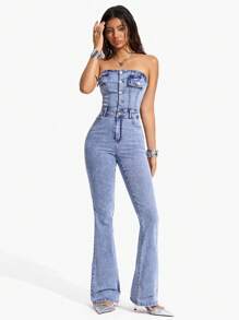 Jeanoix 女式弹力牛仔喇叭裤连体裤 - 中等水洗藍 - 查看 5