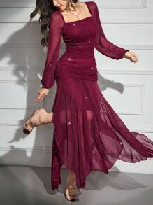 Modelyn 女式纯色闪光方领灯笼袖褶饰不对称下摆优雅连衣裙 - 酒紅色 - 查看 7