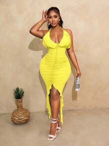BamGleam 夏季性感纯色褶饰露背挂脖连衣裙 - 黃色 - 查看 1