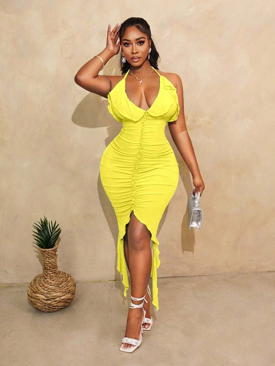 BamGleam 夏季性感纯色褶饰露背挂脖连衣裙 - 黃色 - 查看 1