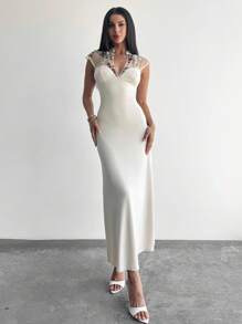 Firerie Robe longue évasée élégante et raffinée, romantique, mode, pour rendez-vous, soirée, vacances, 2 en 1, broderie, maille transparente, col V, taille haute, ourlet parapluie, abricot, robe de graduation - Nude - Voir 9