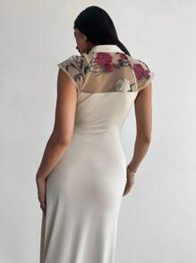 Firerie Robe longue évasée élégante et raffinée, romantique, mode, pour rendez-vous, soirée, vacances, 2 en 1, broderie, maille transparente, col V, taille haute, ourlet parapluie, abricot, robe de graduation - Nude - Voir 10