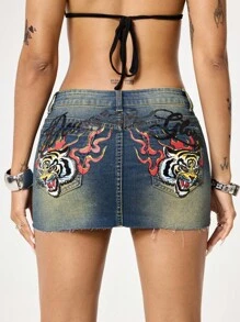 ROMWE Grunge Punk Women's Casual Washed Letter Print Denim Mini Skirt - Bronze - View 3