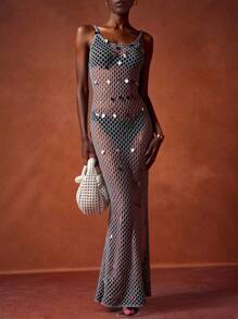 Zivah 2pcs/Set European And American Style Summer New Sequin Hollow Out Knit Beach Cover Up, Bikini Swimwear For Women
