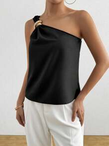 RosyDaze Halloween Women's Solid Color Sleeveless Metal Decor Button Casual & Elegant Shirt, Suitable For Commuting, Summer One Shoulder Top Chic Top - Black - View 3