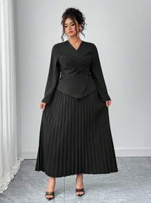 Elenzga Plus Size Women Spring/Autumn 2pcs Set: Simple Solid Color Lapel Collar Ruched Waist Blouse & Pleated Skirt - Black - View 3
