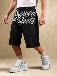 SUMWON Signature Collection Denim Cargo Shorts With Script Embroidery Loose Fit Wide Leg Knee Length Summer Jort Street Style Festival Wear Casual - Blue - View 4