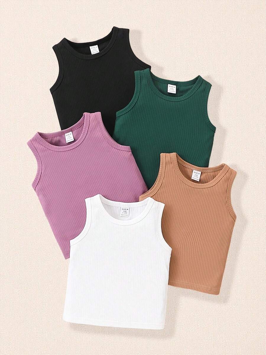 5pcs Baby Girls Can Wear A Simple And Casual Sleeveless Tank Top Five Piece Set In Spring And Summer - Multicolor - View 1