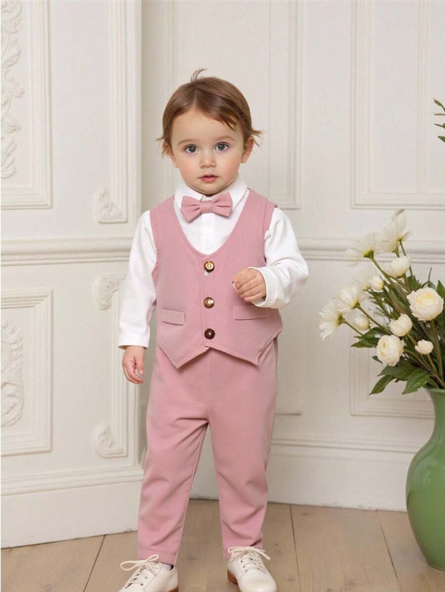 Souflis Souflis 4-teiliges Set Baby Jungen Gentleman Stil Fliege Hemd, Hosenträger, Hose, in Khaki Farbe, leicht für Herbst/Winter - Altrosa - Übersicht 1