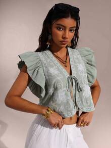 SHEIN Forever 21 Spring New Arrival Cap Sleeve Embroidered Vacation Beachwear Tank Top For Women - Green - View 6