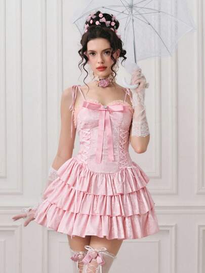 EDITION Women's Vintage Palace Style Multi-Tier Ruffle Textured Satin Dress, Suitable For Wedding