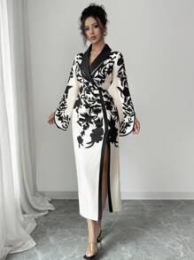 Selianne Robe mi-longue élégante pour femmes avec imprimé floral, col châle, manches longues et fente latérale - Multicolore - Voir 3