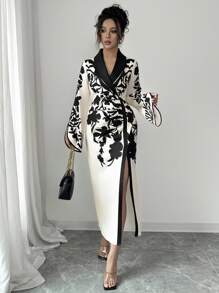 Selianne Robe mi-longue élégante pour femmes avec imprimé floral, col châle, manches longues et fente latérale - Multicolore - Voir 4