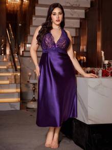 SilkySpell 大码女式蕾丝拼布透视露背性感缎面吊带睡袍 - 紫色 - 查看 1