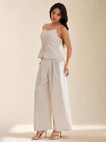 SHEIN PETITE 2pcs/Set White Linen Sleeveless Jumpsuit Pants - Apricot - View 4