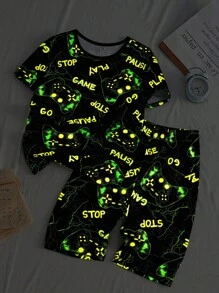 2pcs Teenage Boys' Black Minimalist Video Game Graphic Printed Short Sleeve Tee & Shorts Pajama Set - Multicolor - View 3