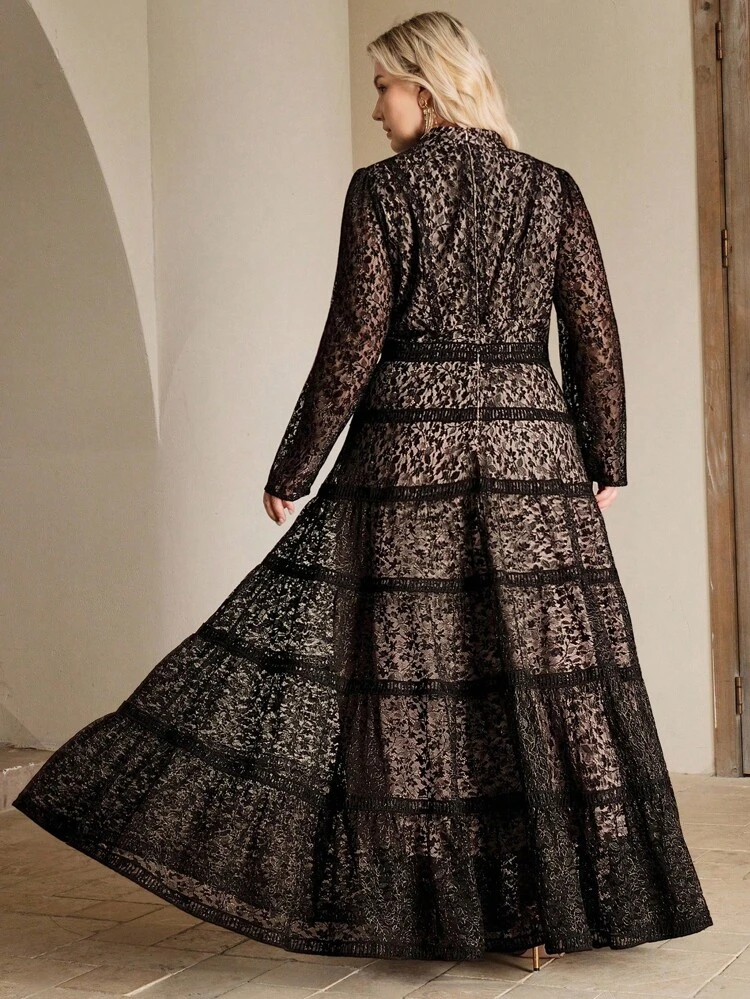 新作 レディースエレガントなブラック フリルヘム Aライン ロングスリーブ ルーズ レースドレス